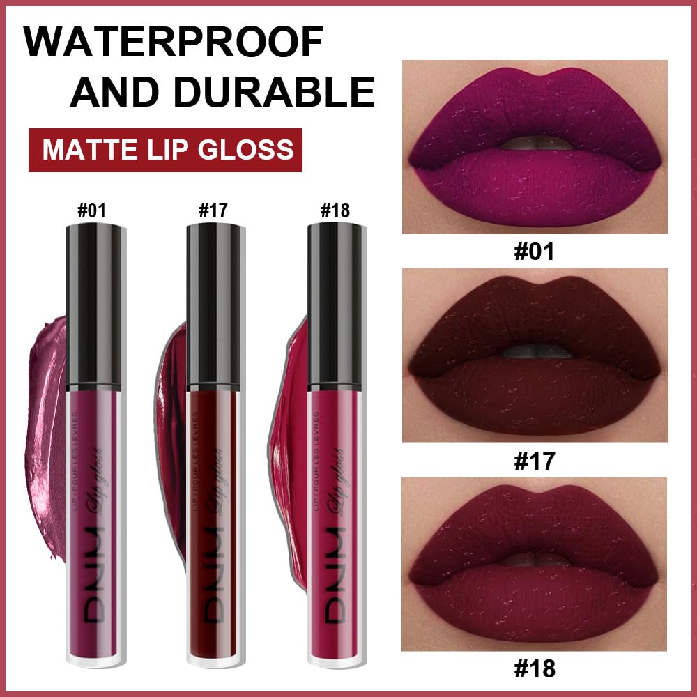 AMY'S DIARY Dark Red Purple Matte Plum Liquid Lipstick 3Pcs Sets,24-hour Lipstick Dark Deep Maroon Purple Brown Plum Red Lip Stain 24 Smudge Waterproof for Women