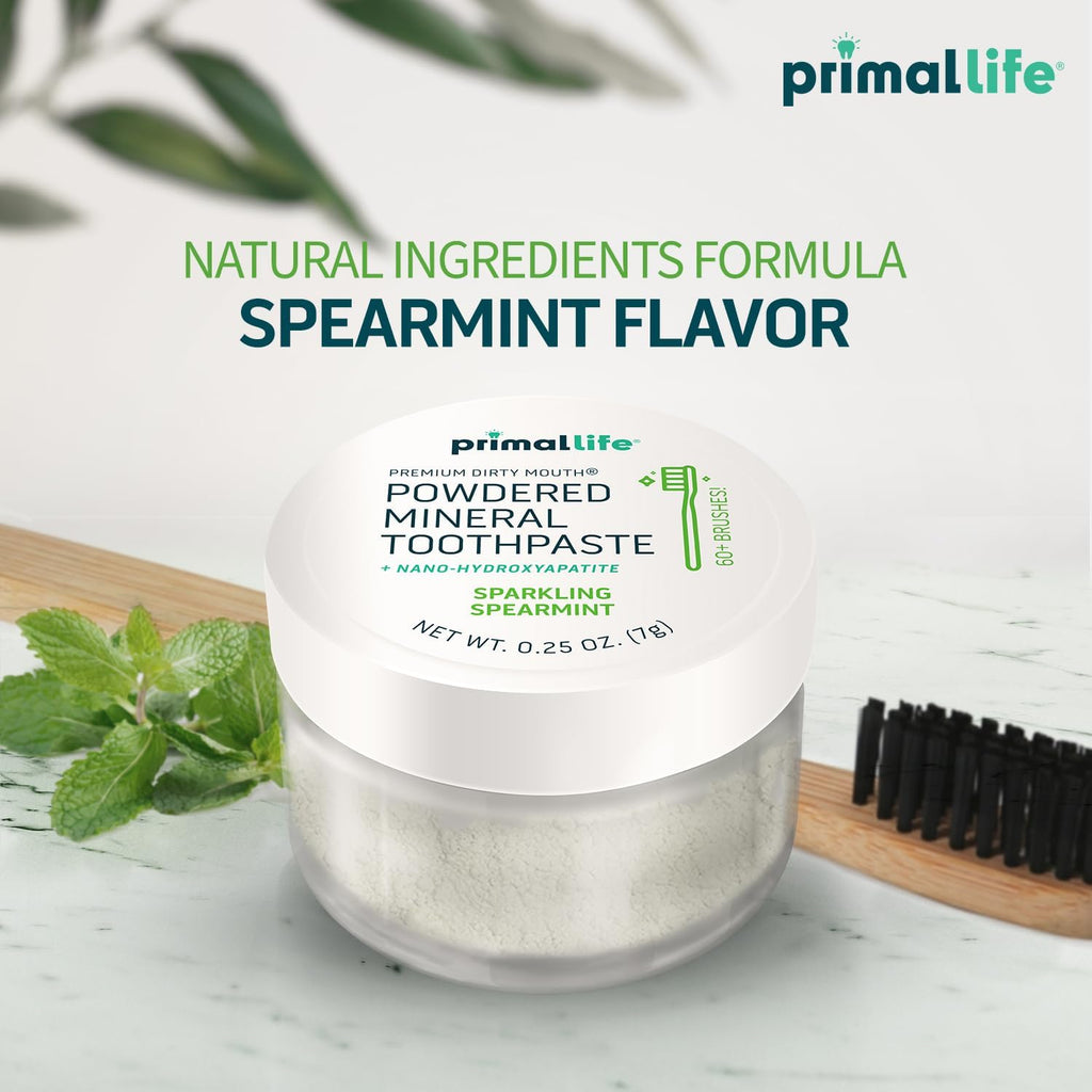 Primal Life Organics Dirty Mouth Toothpowder, Tooth Cleaning Powder, Flavored Essential Oils, Hydroxyapatite, Natural Kaolin, Bentonite Clay, USE: 60+ Brushings, Paleo, Organic, Vegan Spearmint 0.25oz