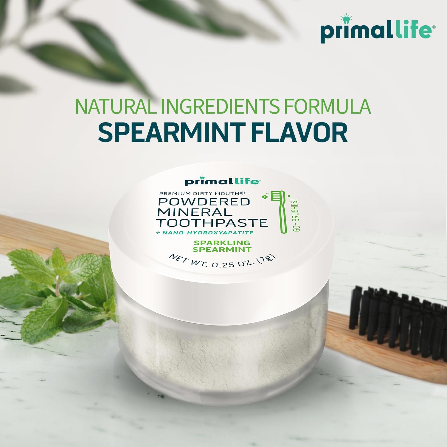 Primal Life Organics Dirty Mouth Toothpowder, Tooth Cleaning Powder, Flavored Essential Oils, Hydroxyapatite, Natural Kaolin, Bentonite Clay, USE: 60+ Brushings, Paleo, Organic, Vegan Spearmint 0.25oz