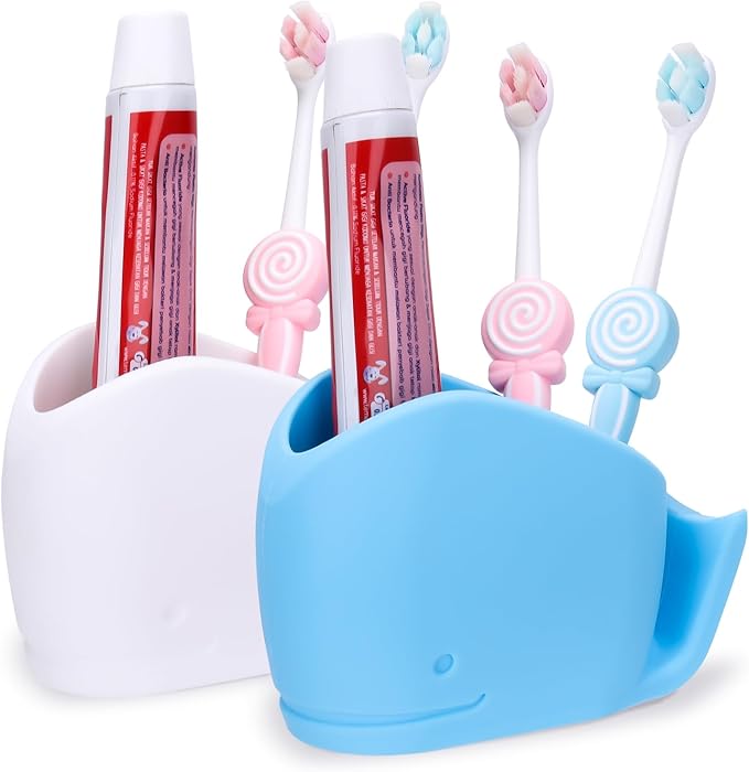 2Pcs Cute Kids Whale Toothbrush Holder, Toddler Fun Ocean Animal Toothbrush Organizer, Blue and White, Silicone Whale Bathroom Decor