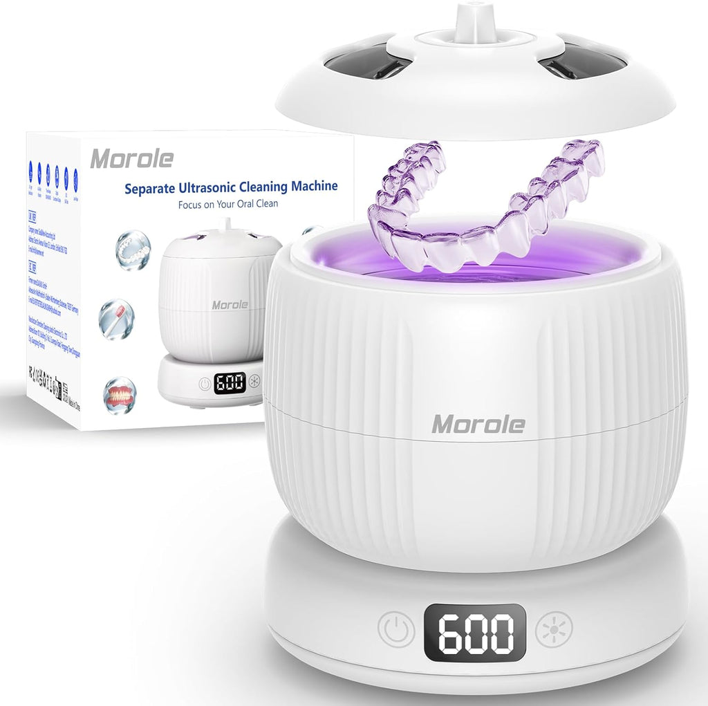 2025 Upgraded Ultrasonic Retainer Cleaner Machine,Separate Retainer Cleaner for Night Guards, Braces, Aligner, Jewelry, 4 Modes Denture Cleaner & Removable Base and Top Cover(White)