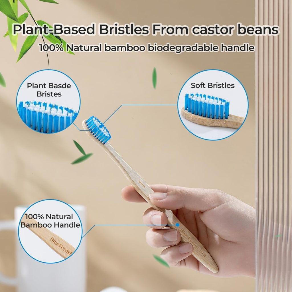 Bamboo Toothbrushes 10 Count, BPA-Free, Soft Plant-Based Tapered Bristles, Natural Wooden Toothbrush for Adults, Biodegradable Compostable Travel Tooth Brushes