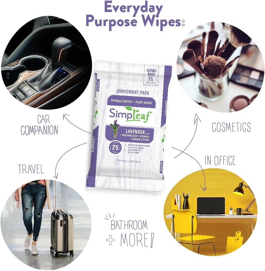 Simpleaf Flushable Wet Wipes Lavender| Eco-Friendly, Paraben & Alcohol Free | Hypoallergenic & Safe for Sensitive Skin | Soothing Aloe Formula | (6 x 25 Counts Convenient Pack) 150 Counts Total