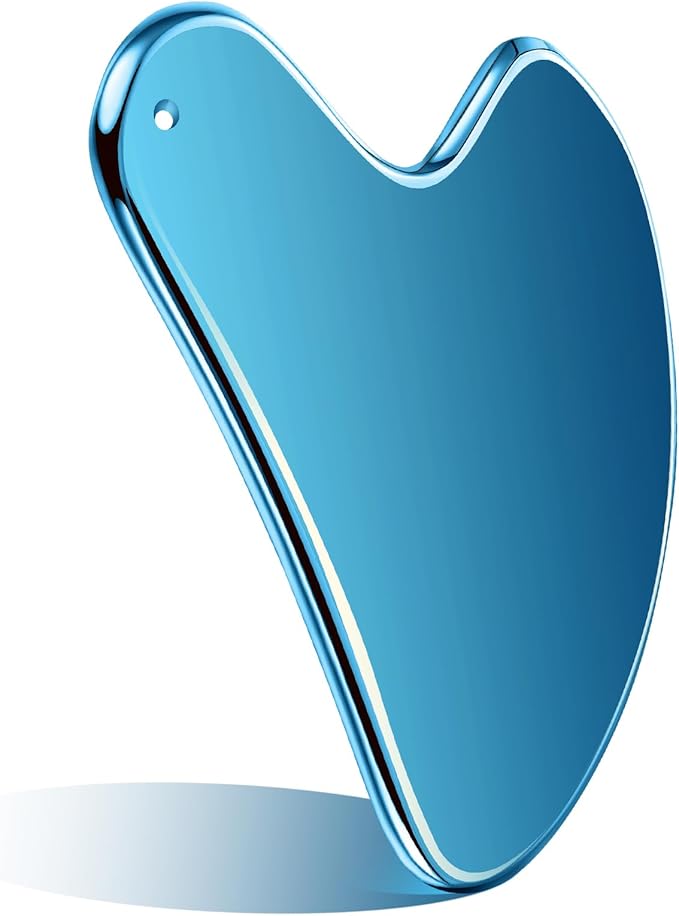 Nuanchu Stainless Steel Gua Sha Facial Tools Metal Guasha Tool for Face Body Jawline Shaper, Double Chin Reducer, Puffiness Reducing, Lymphatic Drainage Massager Skin Care Gift with Pouch(Blue)