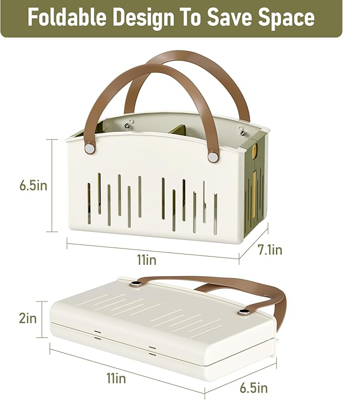 Delamu Portable Shower Basket Caddy with Double Handle Foldable Dry Wet Separation Design 11.0 × 7.1 × 6.5in, Travel, Camping, Gym, College Bathroom Tote, WhiteGreen, Ideal Christmas Gifts for Girls