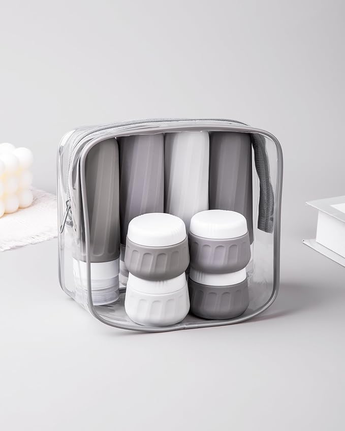 Travel Bottles for Toiletries 8 Pack, TSA Approved Travel Size Containers 3oz, Leak Proof Silicone Squeezable Creams Jars with Clear Travel Bag