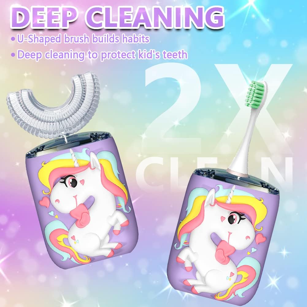 Kids U-Shaped Electric Toothbrush, Sonic Automatic Toothbrush with 4 Brush Heads, 360° Whole Mouth Cleaning Six Modes, Unicorn Design, IPX7 Waterproof, Rechargeable Birthday Gift (Purple, Kids 2-7)