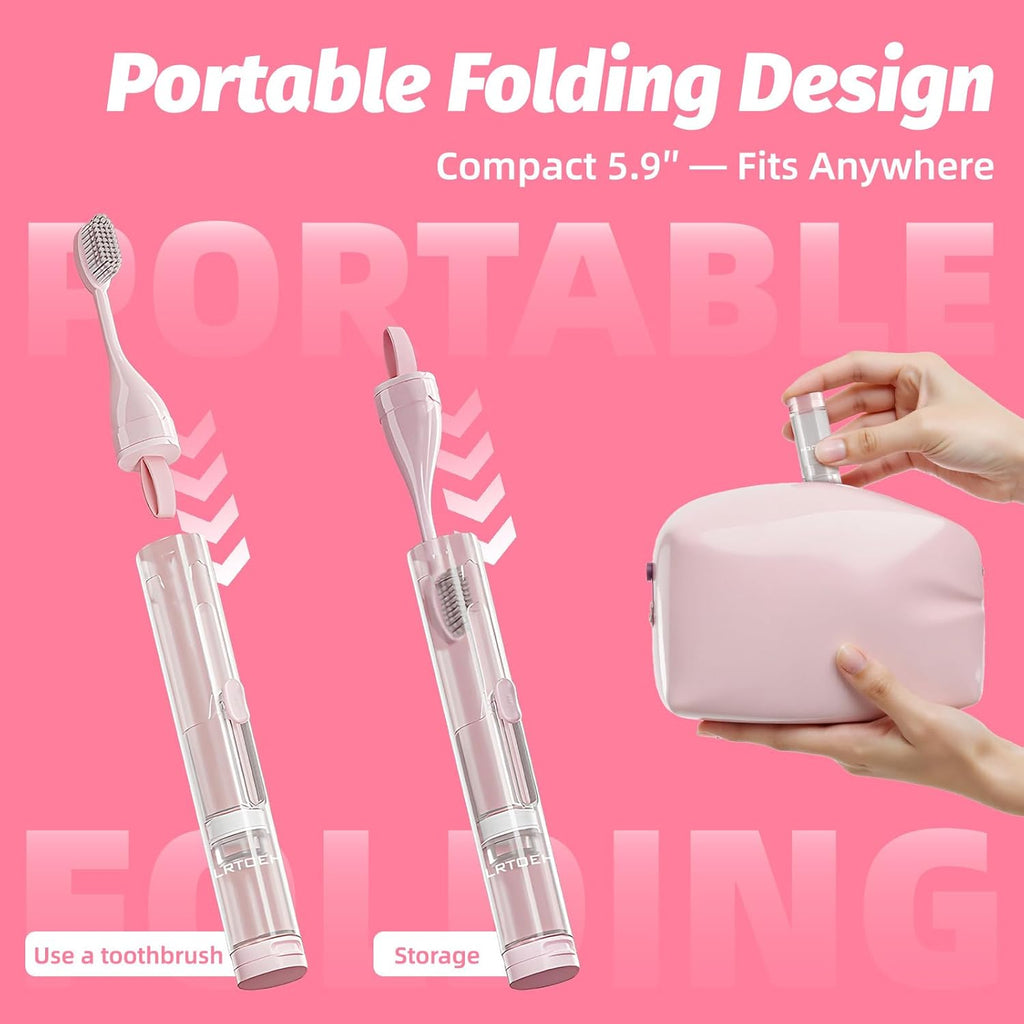 Travel Toothbrush with Built-in Toothpaste Container, Foldable Toothbrush with 2 Soft Brush Head, Portable Reusable Toothbrushes for Business Trips, Camping, Travel Size (Pink)