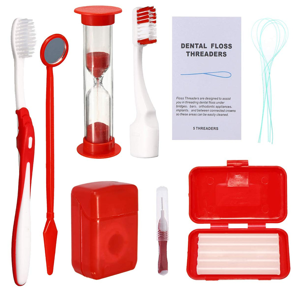 Braces Cleaning Kit for Teeth, Portable Orthodontic Toothbrush Kit Oral Care Dental Travel Kit - Interdental Brush Dental Wax Dental Floss Toothbrush Box (Red)