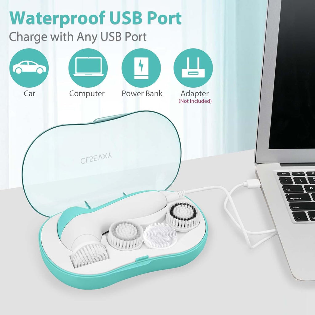 Rechargeable Facial Cleansing Spin Brush Set with 4 Exfoliating Brush Heads - Complete Face Spa System by CLSEVXY - Waterproof Face Scrubber for Gentle Exfoliation and Deep Scrubbing