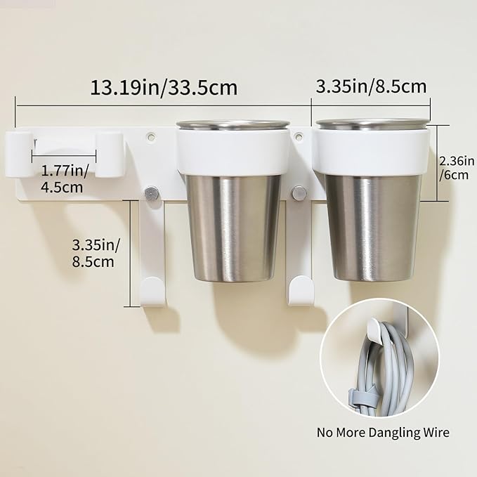 Hair Tool Organizer, Hot Tools Organizer Wall Mount White, Aluminum Hair Tool Organizer Wall Mount, Wall Mounted Hot Tool Organizer with 2 Stainless Steel Cups for Bathroom & Vanity Storage CHOCHYAH