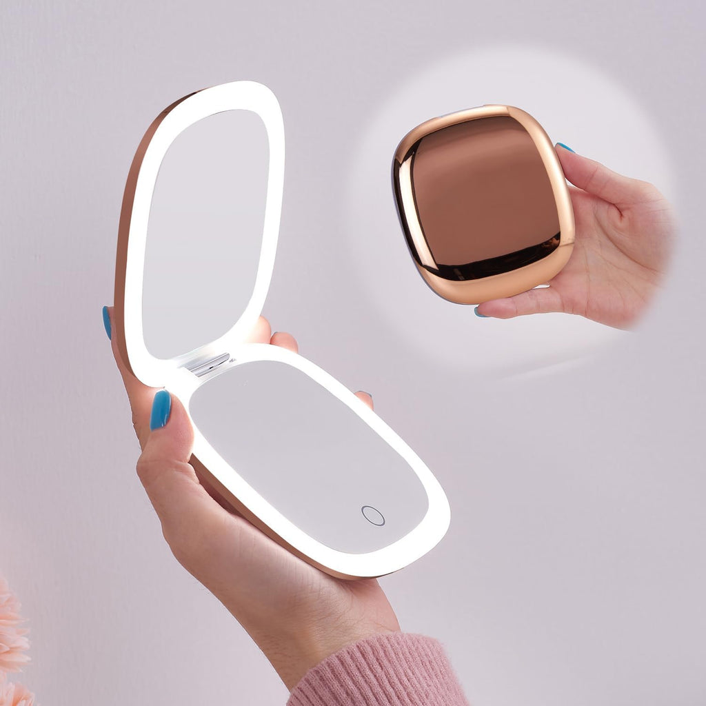 Mocado Compact LED Travel Makeup Mirror - 4 Inches 1X/10X Magnification Travel Mirror with Light Dimmable Double Sides Lighted USB Rechargeable Compact Mirror for Purse,Pocket,Travel(Rose Gold)