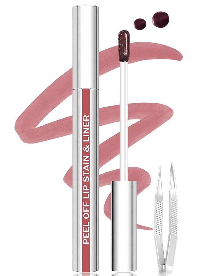Lip Stain Peel Off Lip Liner Stain with Tweezer, Long Lasting Matte Lip Tint Tattoo, Highly Pigmented Color Lip Makeup, Waterproof Lipstick, Transfer-proof Lipstain for Women, Warm Rose