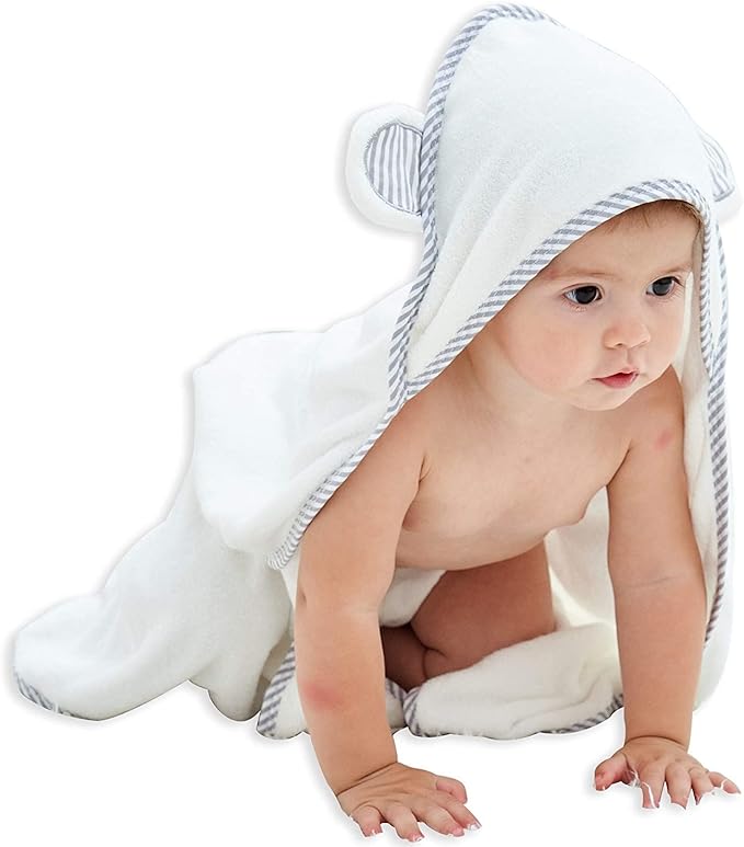 HIPHOP PANDA Hooded Towel - Rayon Made from Bamboo, Bath Towel with Bear Ears for Newborn, Babie, Toddler, Infant - Absorbent Large Baby Towel - White, 30 x 30 Inch