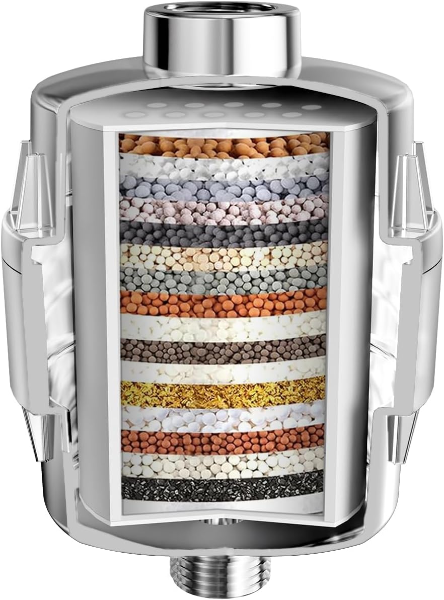 20 Stage Shower Filter for Hard Water, Remove Chlorine Heavy Metals and other Impurities, Improve Skin Hair, Fit Most Handheld Showerhead Fixed Rainfall (Chrome Polished)