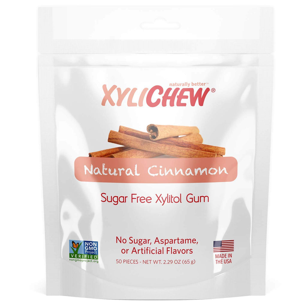 Xylichew 100% Xylitol Chewing Gum - Non GMO, Non Aspartame, Gluten Free, and Sugar Free Gum - Natural Oral Care, Relieves Bad Breath and Dry Mouth - Cinnamon, 50 Count