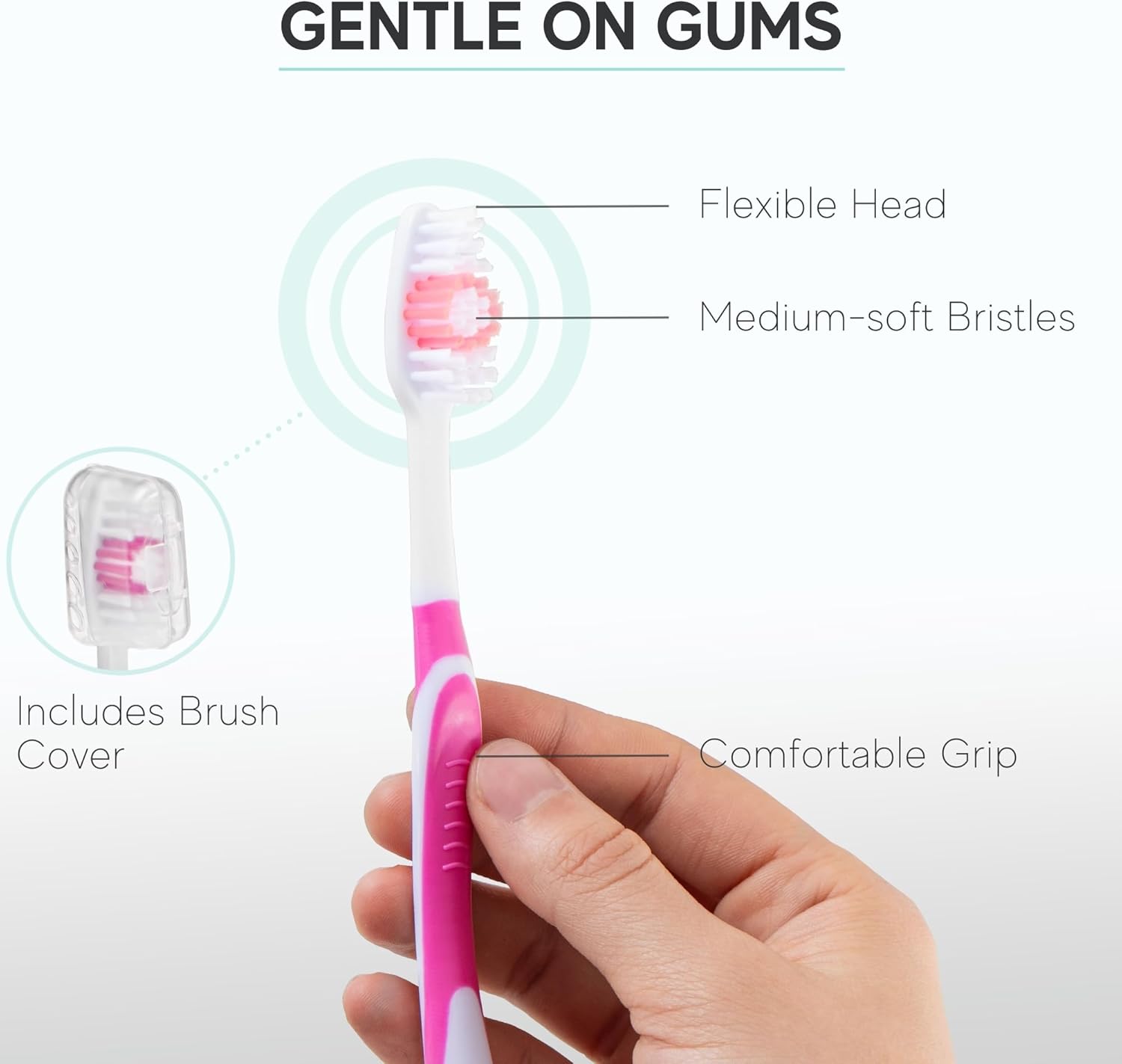 104 Pack Bulk Toothbrushes w/Cover Caps, Individually Wrapped Disposable Travel Toothbrush, Value Size, Long Lasting 3+ Months, Med-Soft Manual Teeth Brush Bristles - Pink