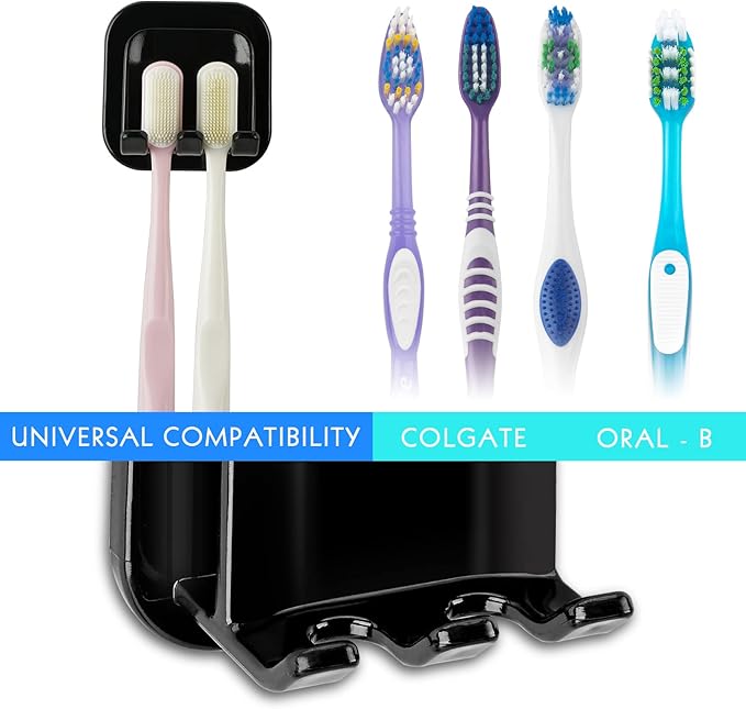 2 PCS Self-Adhesive Toothbrush Holders Wall Mounted, Water Proof Toothbrush Hook, 2 in 1 with Toothbrush Hanger and Gargle Cup Holder for Bathroom Shower (Black)