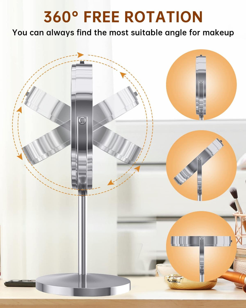 1X/10x Magnified Lighted Makeup Mirror Double Sided Round Magnifying Mirror Standing 360 Degree Swivel Vanity Mirror Battery Operated 7 Inch Diameter Shaving Bathroom Mirror