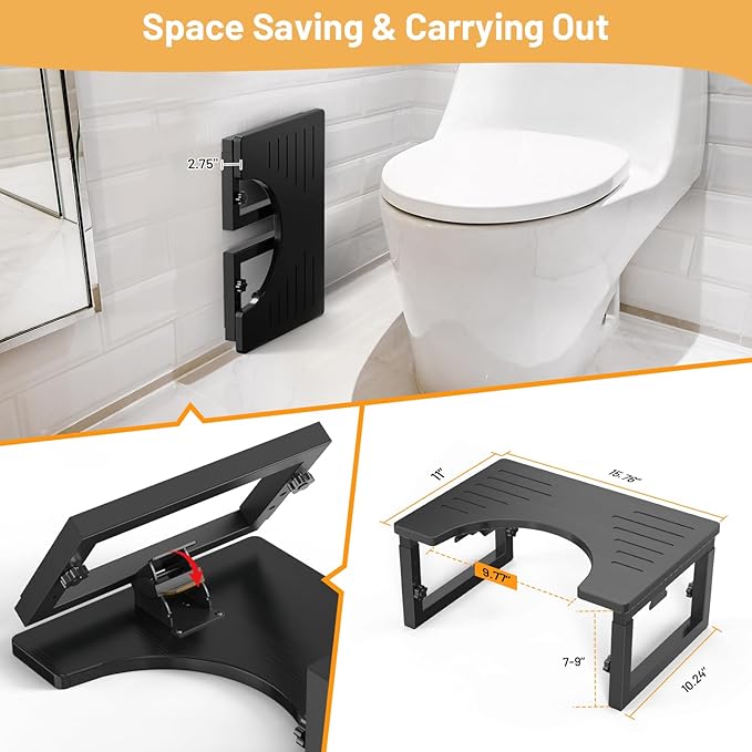 Bamboo Toilet Stool Squat Black, 7 in, 8 in & 9 in Adjustable Heights Pooping Stool for Bathroom Adults Kids, Sturdy Potty Stool with Non-Slip Layer, Improve Squatting Posture, 500 lbs Capacity