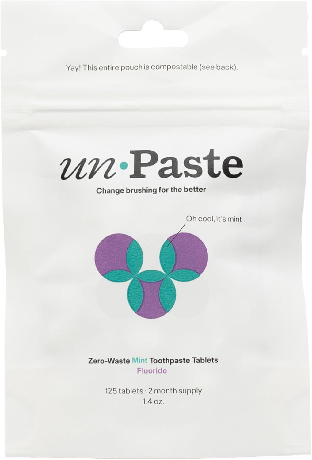 New Formula, Unpaste Toothpaste Tablets, Fluoride Mint, Xylitol Free, Vegan, Plastic Free, Travel-Friendly, Resealable Packet, 125ct, 2 Month Supply