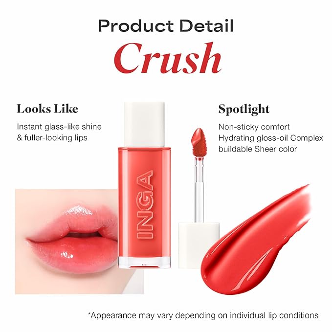 INGA Water Glow Lip Tint | Hydrating, Glossy Korean Lip Tint with Sheer Color & Glass-Like Shine | Long-Lasting, Non-Sticky Korean Lip Stain (CRUSH)