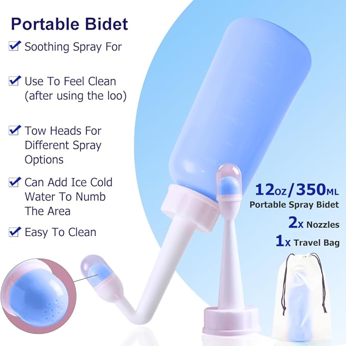 Peri Bottle - Postpartum and Perineal Care - 2 in 1 Portable Bidet - Portable Travel Bidet Sprayer for Women or Men- Handheld Jet Spray Bottle for Toilet (350ML, Blue)