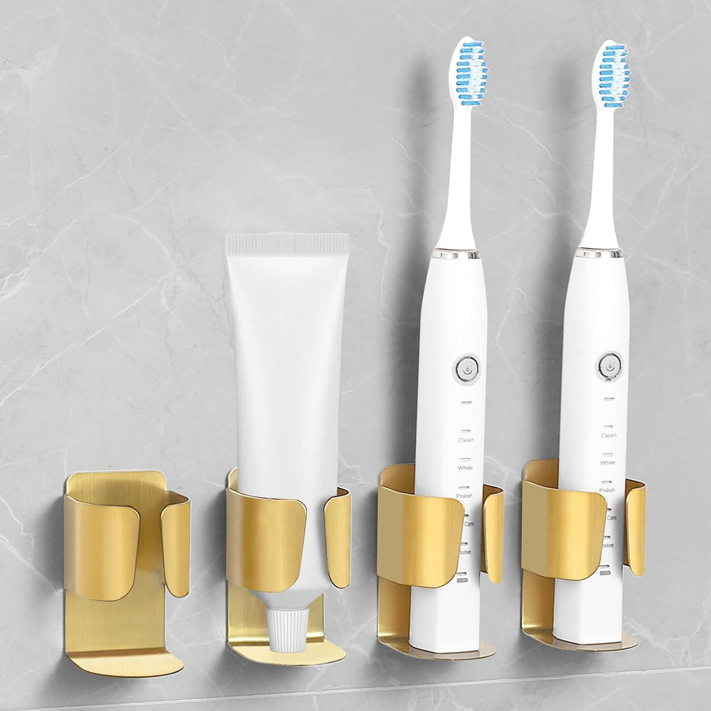 Electric Toothbrush Holder, 304 Stainless Steel Wall Mounted Self Adhesive Storage Organizer Stand Rack for Electric Toothbrush, Toothpaste, Facial Cleanser(Golden 4 Pack)