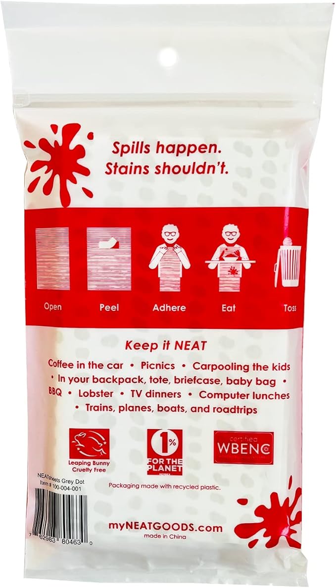 Disposable Bibs for Adults, Kids & Seniors | Adhesive Tab Napkins for Eating, Personal Use, Travel & Commuting | Spill Absorbent, Stain/Liquid Repellent | Grey Dot, 4 Count