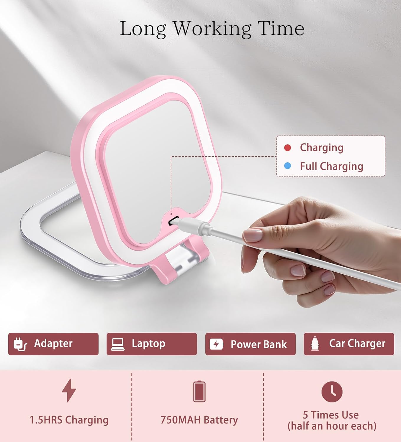 Shinowa Rechargeable Travel Makeup Mirror with 44 LED Lights, 1X/10X Magnifying Vanity Mirror with 3 Color Light, Folding Stand, 4 Inch Portable Dimmable Double Sided Compact Lighted Mirror, Pink