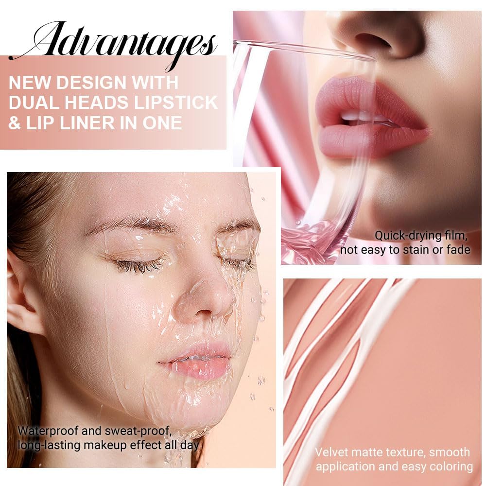 1Pcs 2 in 1 Bright Pure Nude Pink Lip Liner and Liquid Lipstick Stain Makeup Set for women, Nude Long Lasting Smudge Proof Lip Tint Matte Finish Lip Gloss for All-Day Color Hold Easy to Use 56#