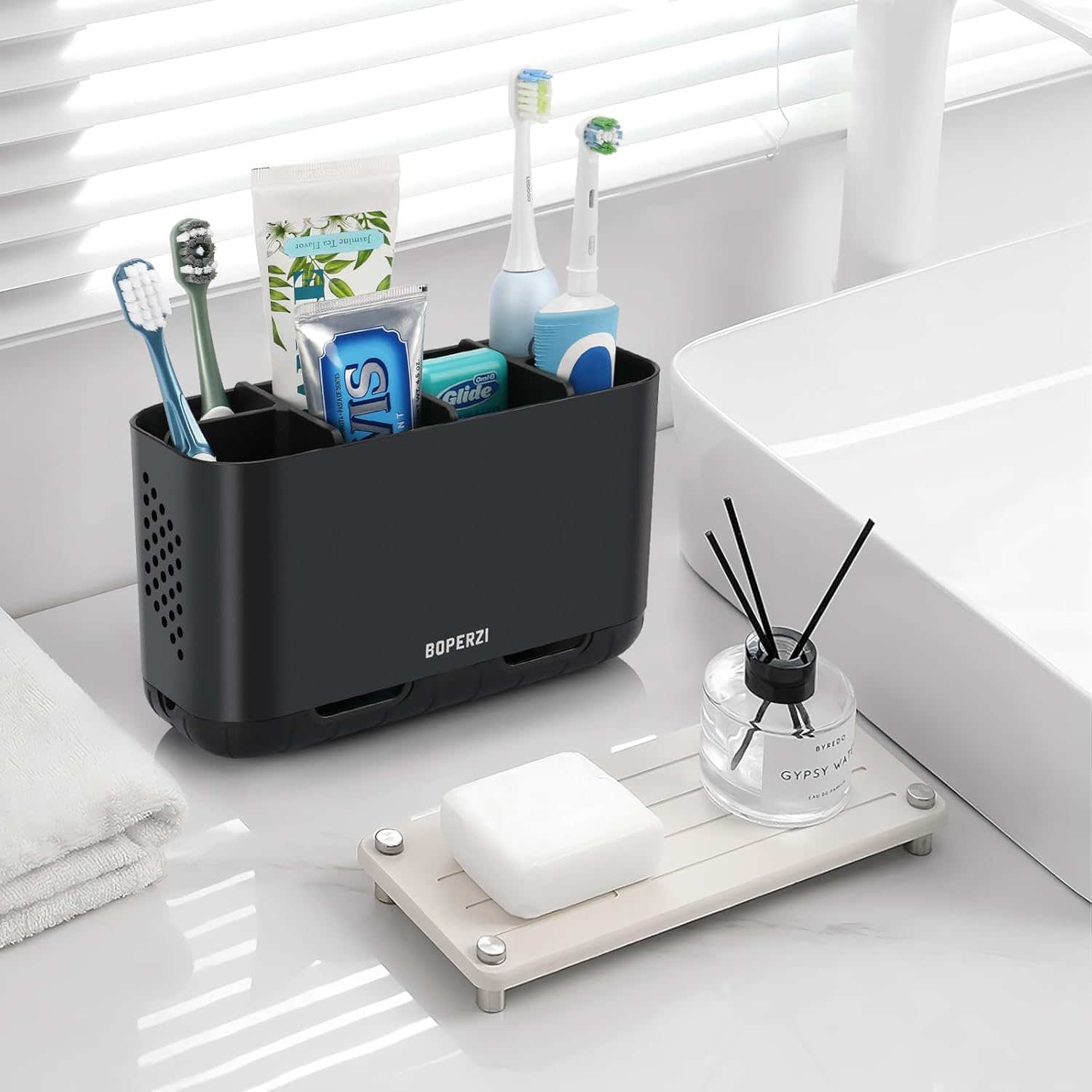 Boperzi Toothbrush Holders for Bathrooms Organizers and Storage, Large Tooth Brush Holders with Drainage, Anti-Slip Electric Toothbrush and Toothpaste Holders Caddy for Shower Kids Family, Black