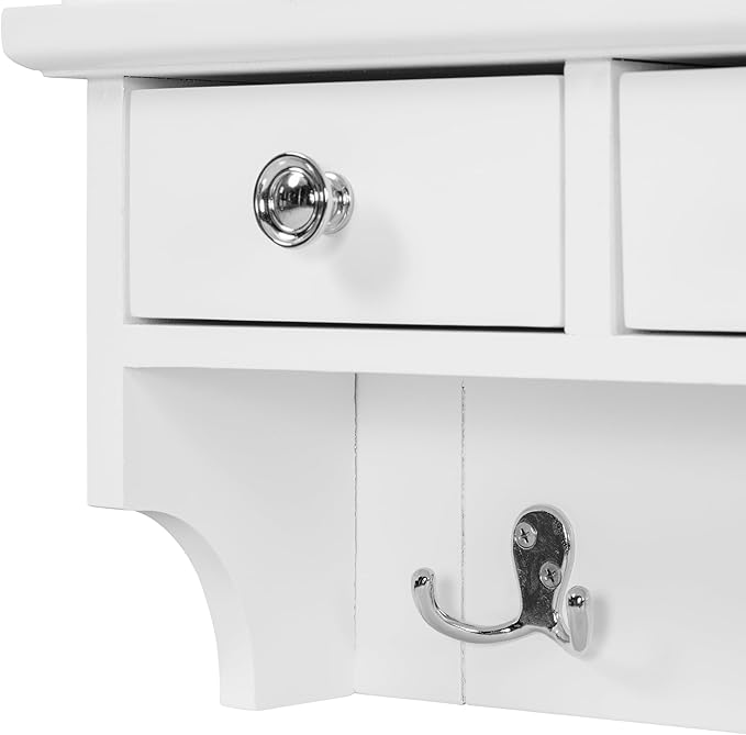 Merax Floating Hall Tree 2-in-1 Entryway Storage Makeup Vanity, with Coat Rack Hooks & 3 Drawers & Big Mirror & Key Hooks, Space-Saving Wall-Mounted Home Organizer for Small Space, White