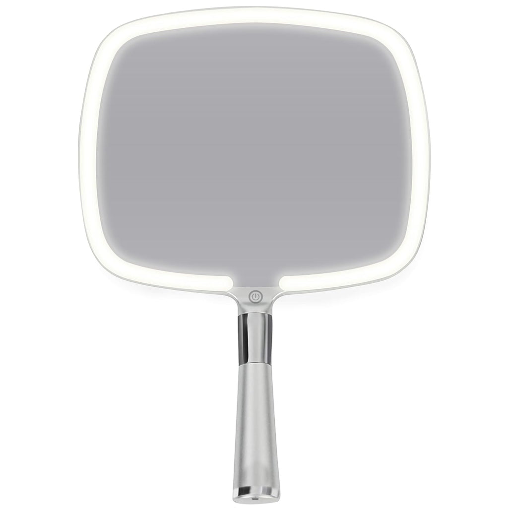 MIRRORVANA Lighted Travel Makeup Mirror - 2 in 1 Hand Mirror & Table Mirror with 3 Lighting Modes, Detachable Stand and Comfy Handle - 9" x 13" (Shiny Silver)