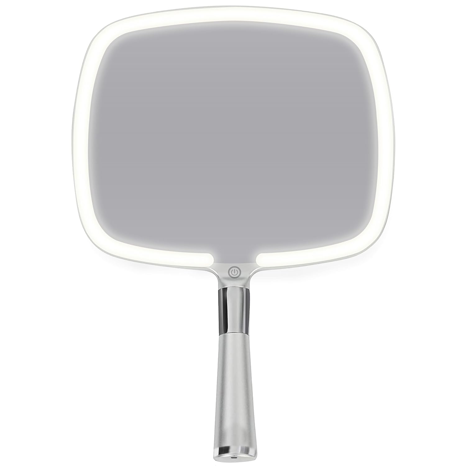 MIRRORVANA Lighted Travel Makeup Mirror - 2 in 1 Hand Mirror & Table Mirror with 3 Lighting Modes, Detachable Stand and Comfy Handle - 9" x 13" (Shiny Silver)