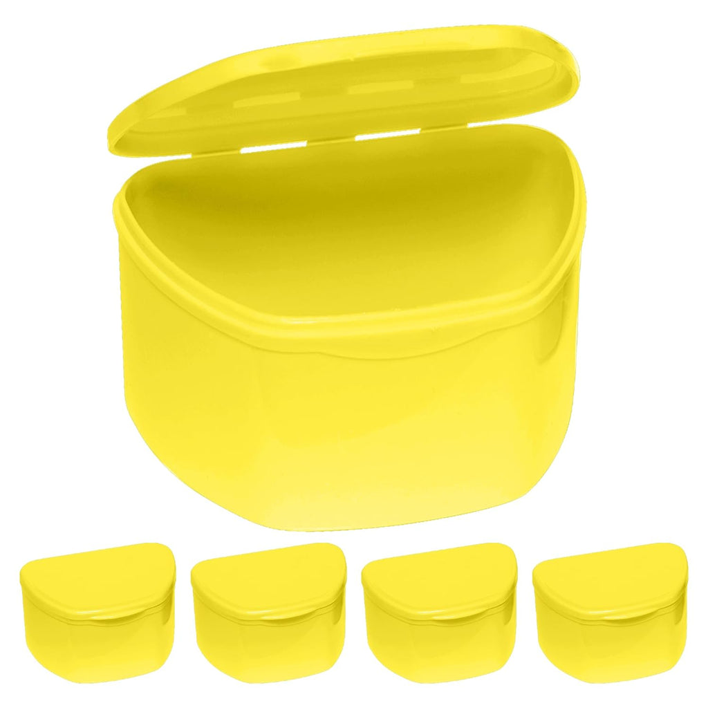 PlastCare USA Yellow Denture Cases Pack of 5 - Dental Box For Artificial Teeth, Mouth Guard, Night Guard, Gum Shields, Retainer - Denture Bath Container for Women and Men - Travel Denture Cup