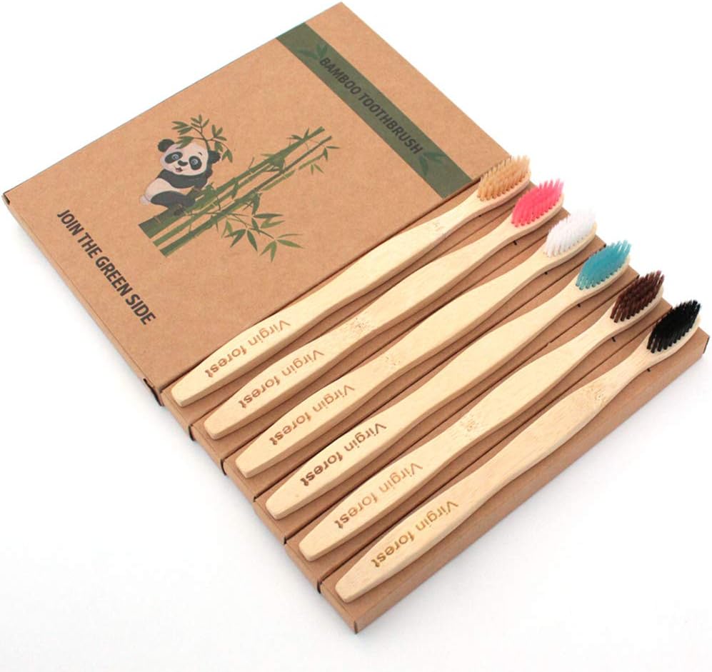Virgin Forest Bamboo Toothbrushes, Eco-Friendly Soft Bristles Toothbrush, Biodegradable Wood Toothbrush Set of 6