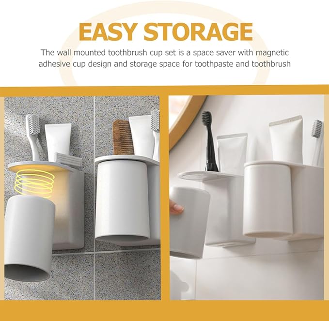 ABOOFAN Magnetic Wall Mounted Toothbrush Holder Cup with Adhesive Back Space-Saving Bathroom Organizer for Electric Toothbrush and Toothpaste Storage Dust-Resistant Abs Cup with Ventilated