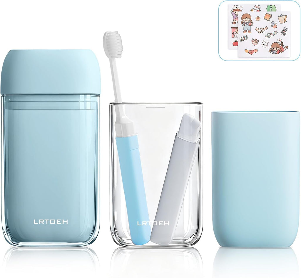 Travel Toothbrush Case, Mini Wash Cup with Foldable Toothbrush, Portable Rinse Cups with Cover, Compact Size Toothbrushes Holder for Camping, Business, Gym, Hiking(Blue)