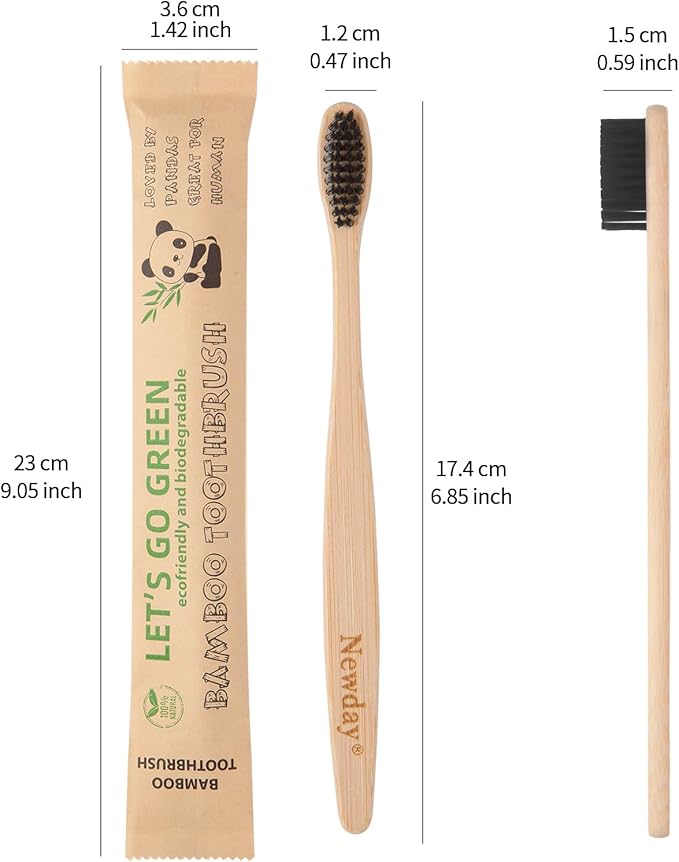 Newday 100 Pack Bamboo Toothbrushes Bulk, Individually Wrapped, BPA Free Soft Bristles Toothbrush, Recycled Packaging, Biodegradable ECO Friendly Toothbrushes for Home Hotel Travel (Black)