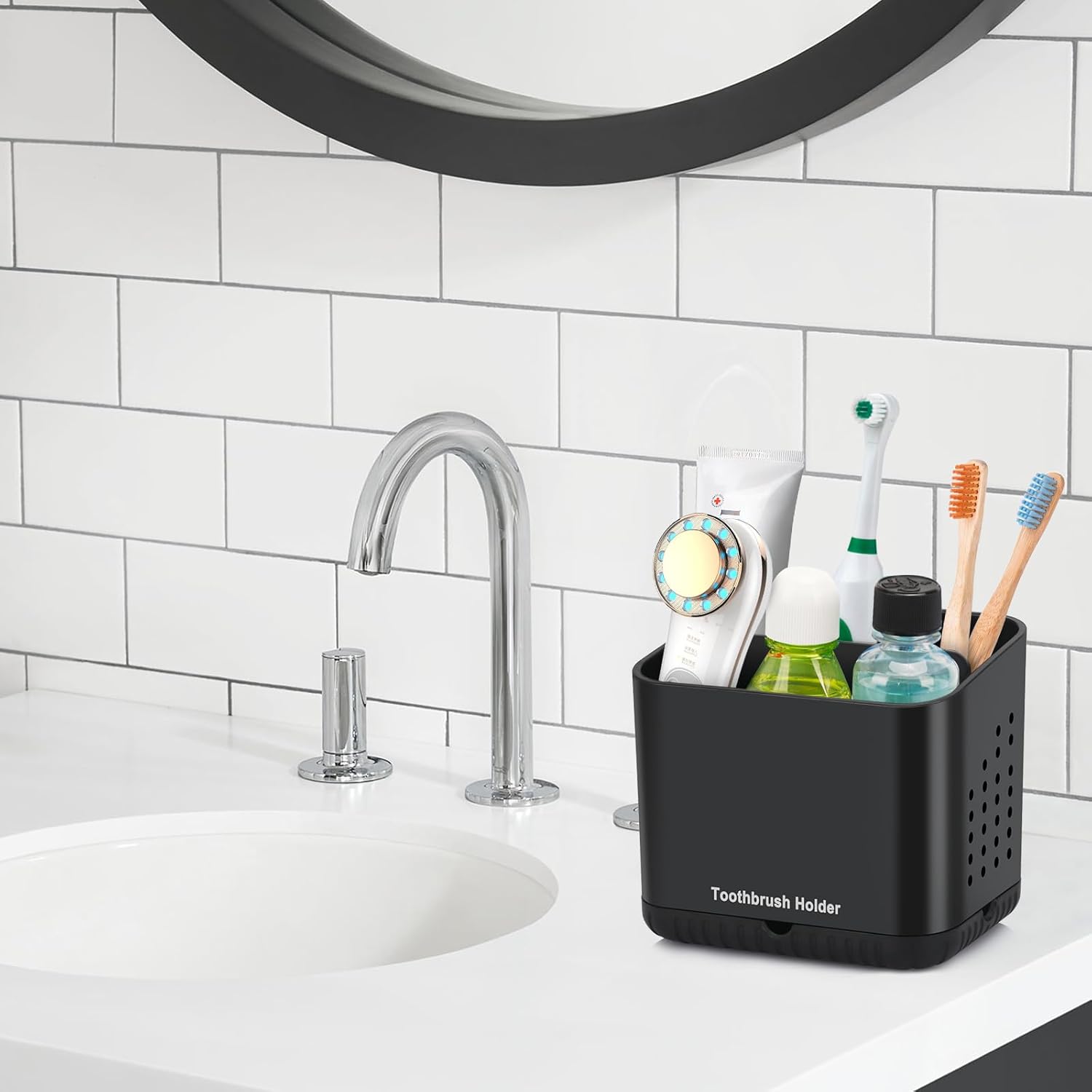 Black Toothbrush Holders for Bathrooms, Kids Electric Toothbrush and Toothpaste Holder, 4 Slots Tooth Brush Holder for Bathroom Countertop Organizer (Black)