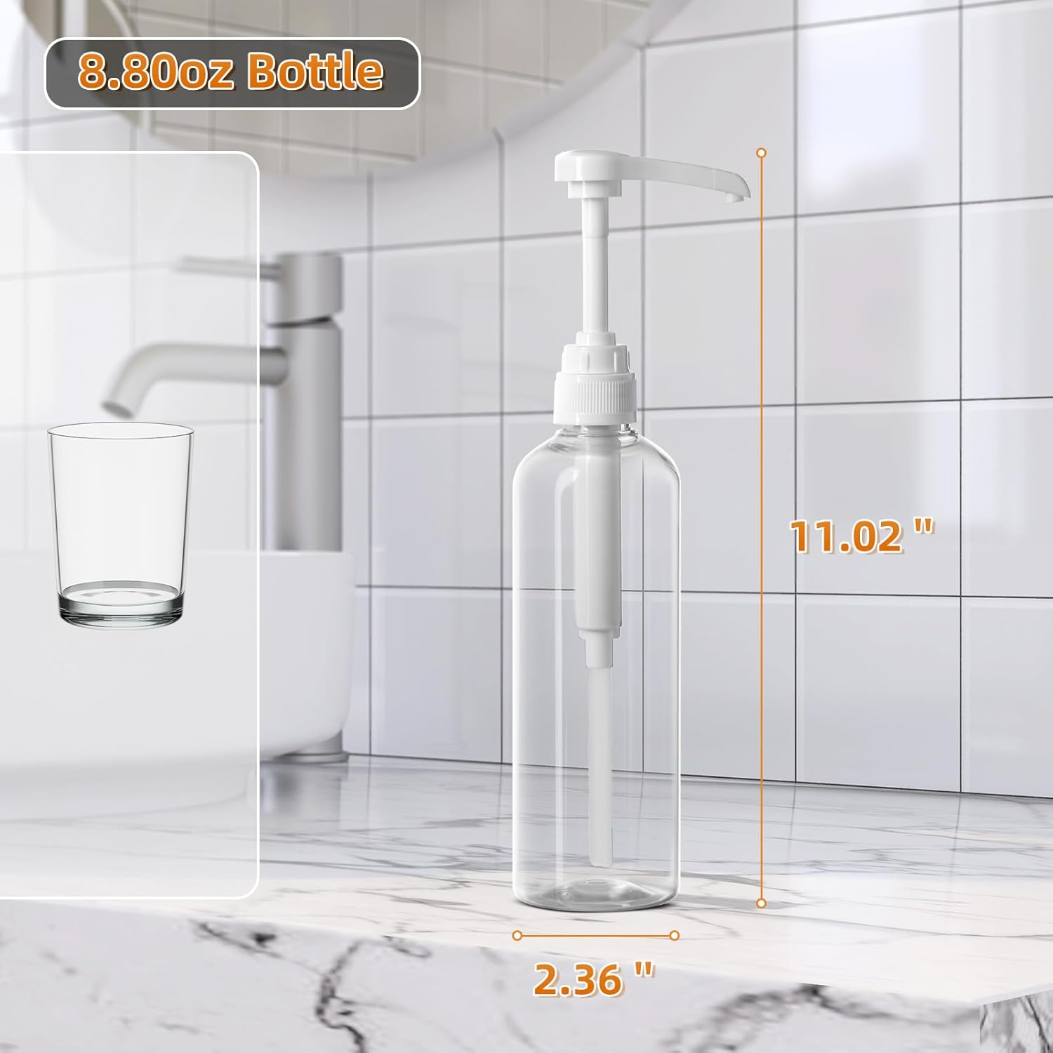 VITVITI Plastic Mouthwash Dispenser for Bathroom, 17 OZ Pump Mouth Wash Container Bottle with Cup, Clear Refillable Mouthwash Dispenser with Labels