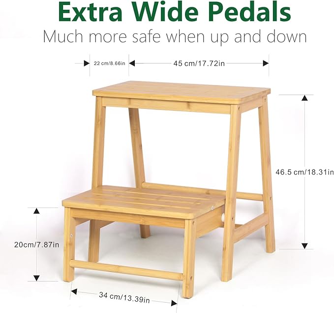 Bamboo Folding Climbing Step Stool, 2 Step Ladder Multi-Functional Stair Chair with Sturdy Structure, Non-Slip Step Pads, Wide Stepping Surface for Safety, Simple Folding Stool for Bathroom, Kitchen
