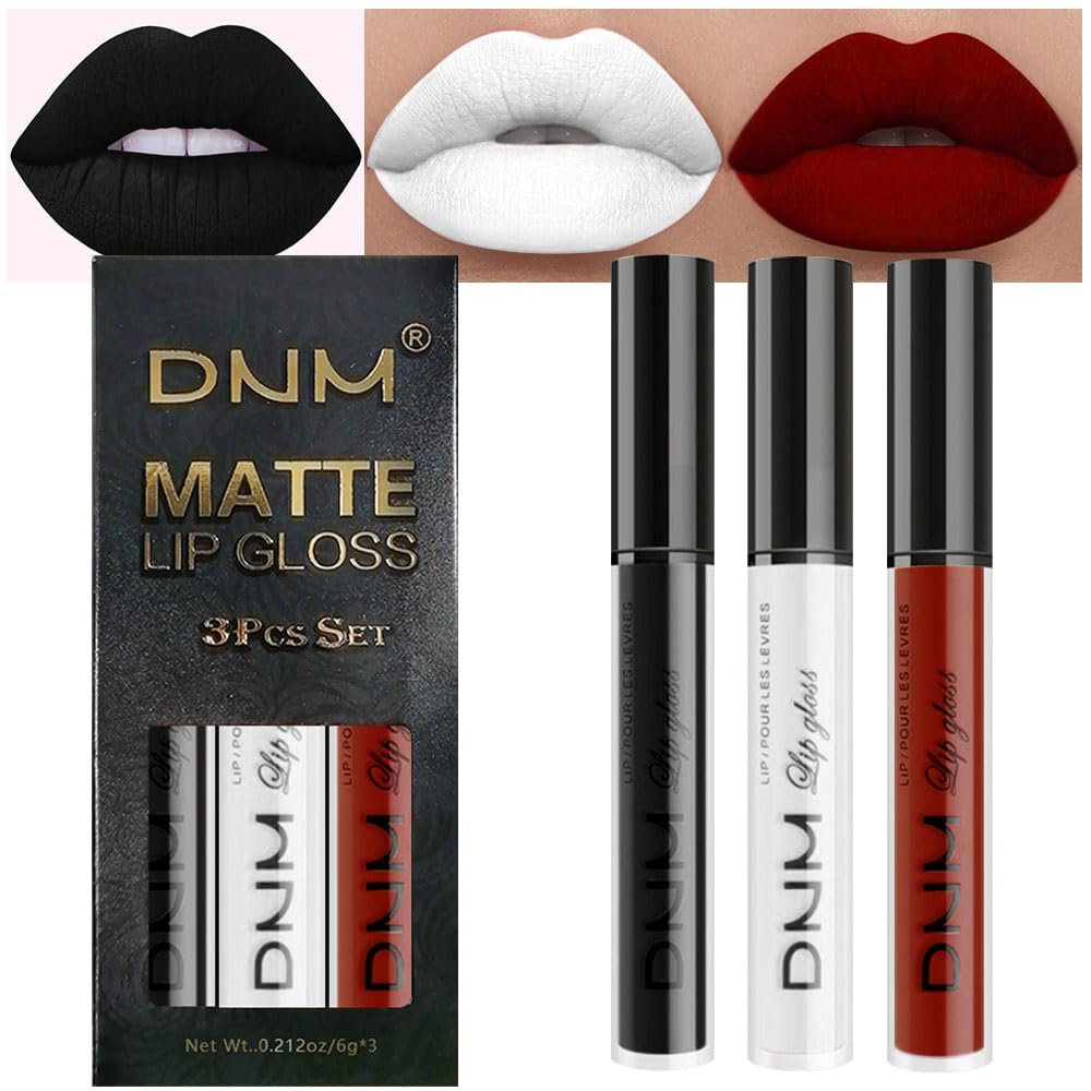 evpct 3Pcs Dark Black White Red Matte Liquid Lipstick Lip Stain Sets for Women Matte+Lipstick Long Lasting Permanent 24 hr Hours Magic Lipstick 24 Hours original Waterproof 17#