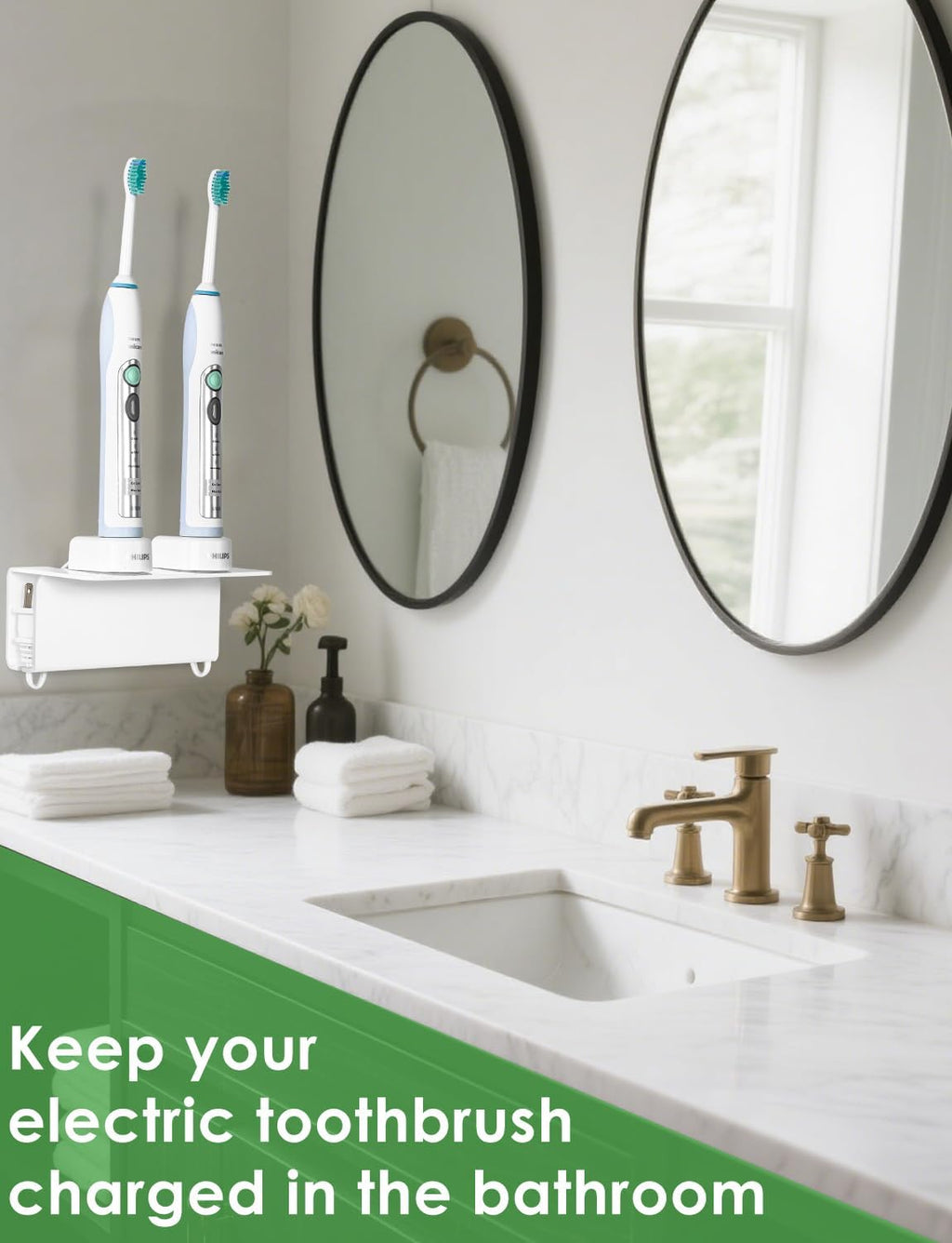 Acrylic Electric Toothbrush Holder for Bathroom, Wall Mounted Electric Toothbrush Holder with Hidden Cable Management, Space-Saving and Convenient for Charging -White-2P