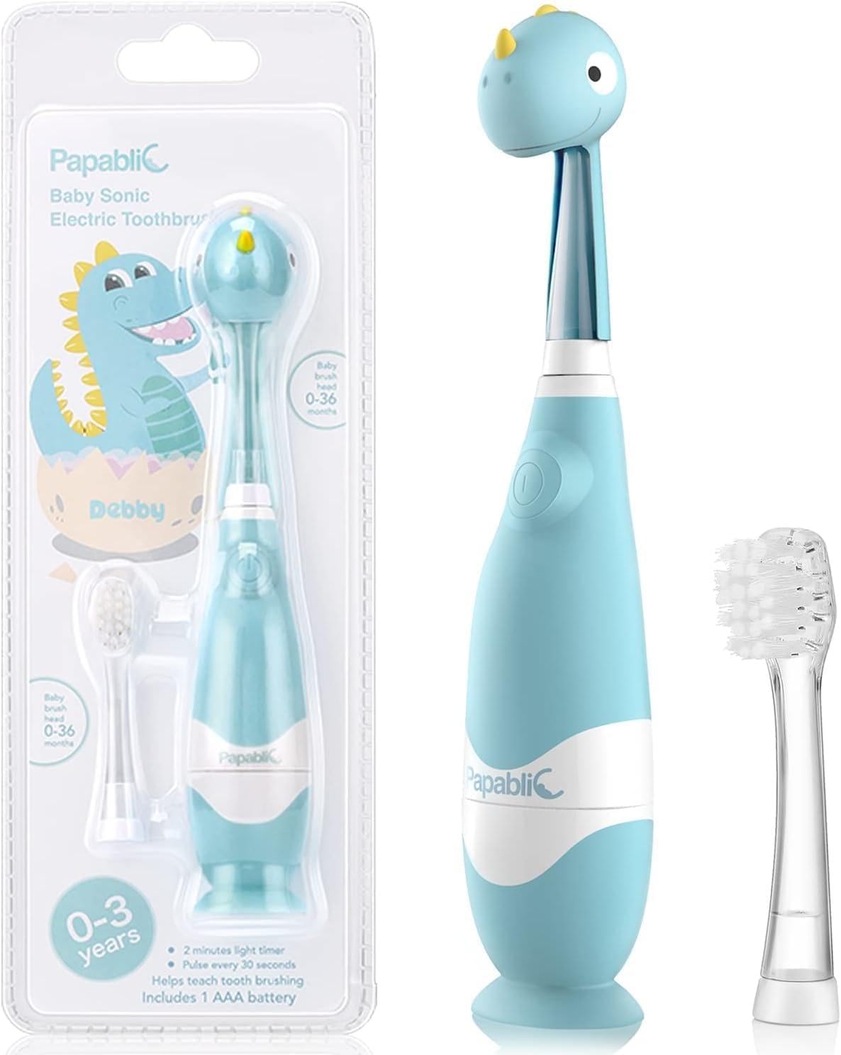 Papablic Toddler Sonic Electric Toothbrush Kids for Ages 1-3 Years, Baby Electric Toothbrush with Cute Dino Cover and Smart LED Timer, 2 Brush Heads (Debby)