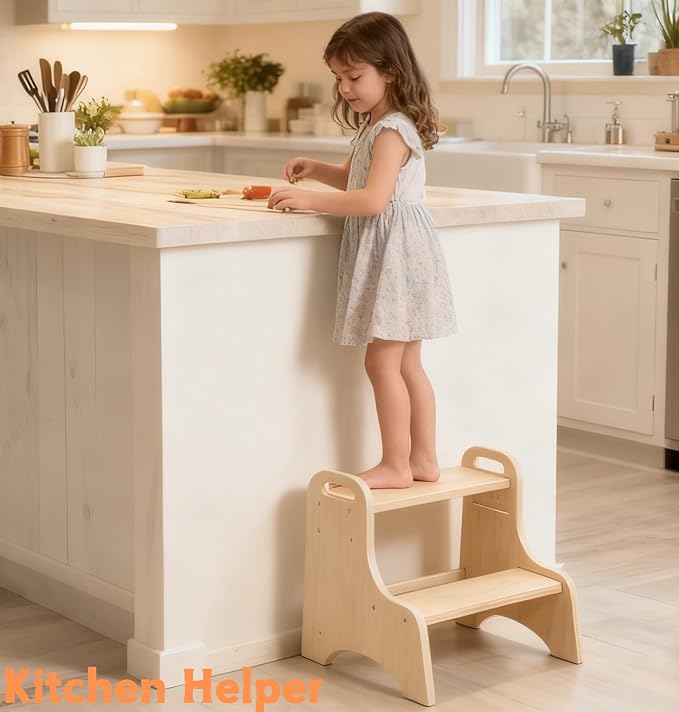 Toddler Step Stool, 2-Step Wooden Step Stool with Adjustable Hight, Sturdy 330lbs Capacity Kid Stool for Toddlers, Easy-Wipe Surface (Natural Wood)