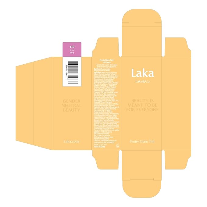 Laka Fruity Glam Tint, 4.5g/0.15oz, Glowing Lip Stain with Wide Color Spectrum, Hydrating & Lightweight Texture, Long-Lasting Bold Stain, Non-Sticky, Vegan, K-Beauty (#110 Soda)