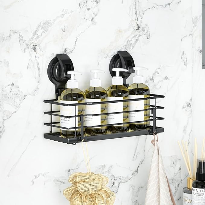 Suction Cup Shower Caddy, Shower Shelf Soap Dish with Hooks for Razor, Sponge, Rust Proof 304 Stainless Steel, Black