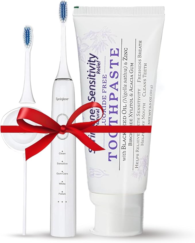 SprinJene Natural Fluoride Free Toothpaste for Sensitive Teeth & Gum (4 Pack) + Electric Toothbrush with Wireless Charger & 2 Replacement Heads